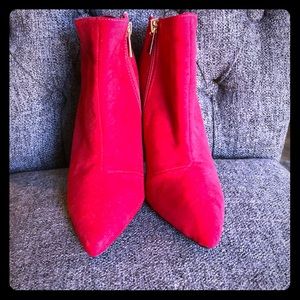 Bright red ankle boots, faux suede. Size 6 1/2